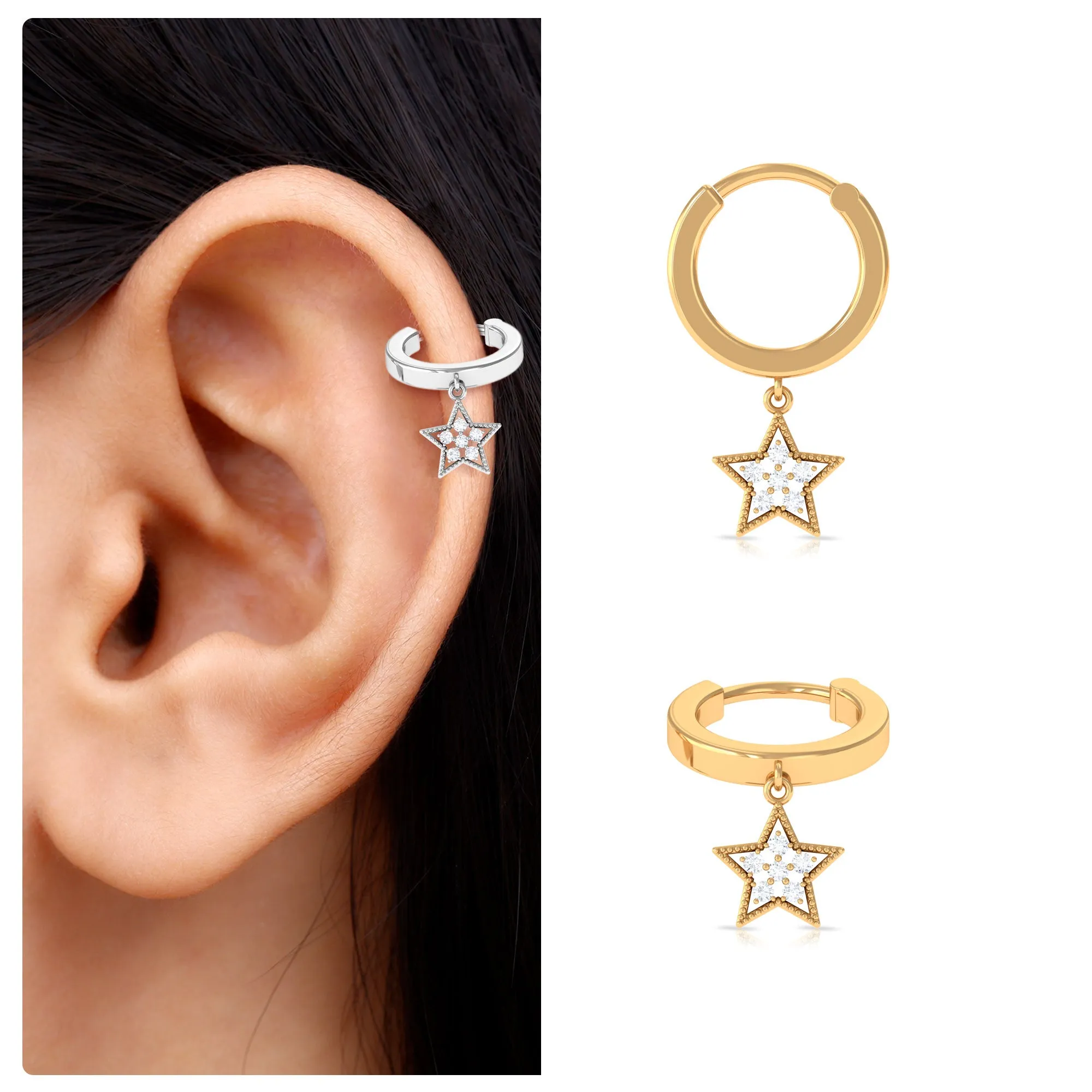 Round Diamond Star Drop Hoop Earring for Helix Piercing