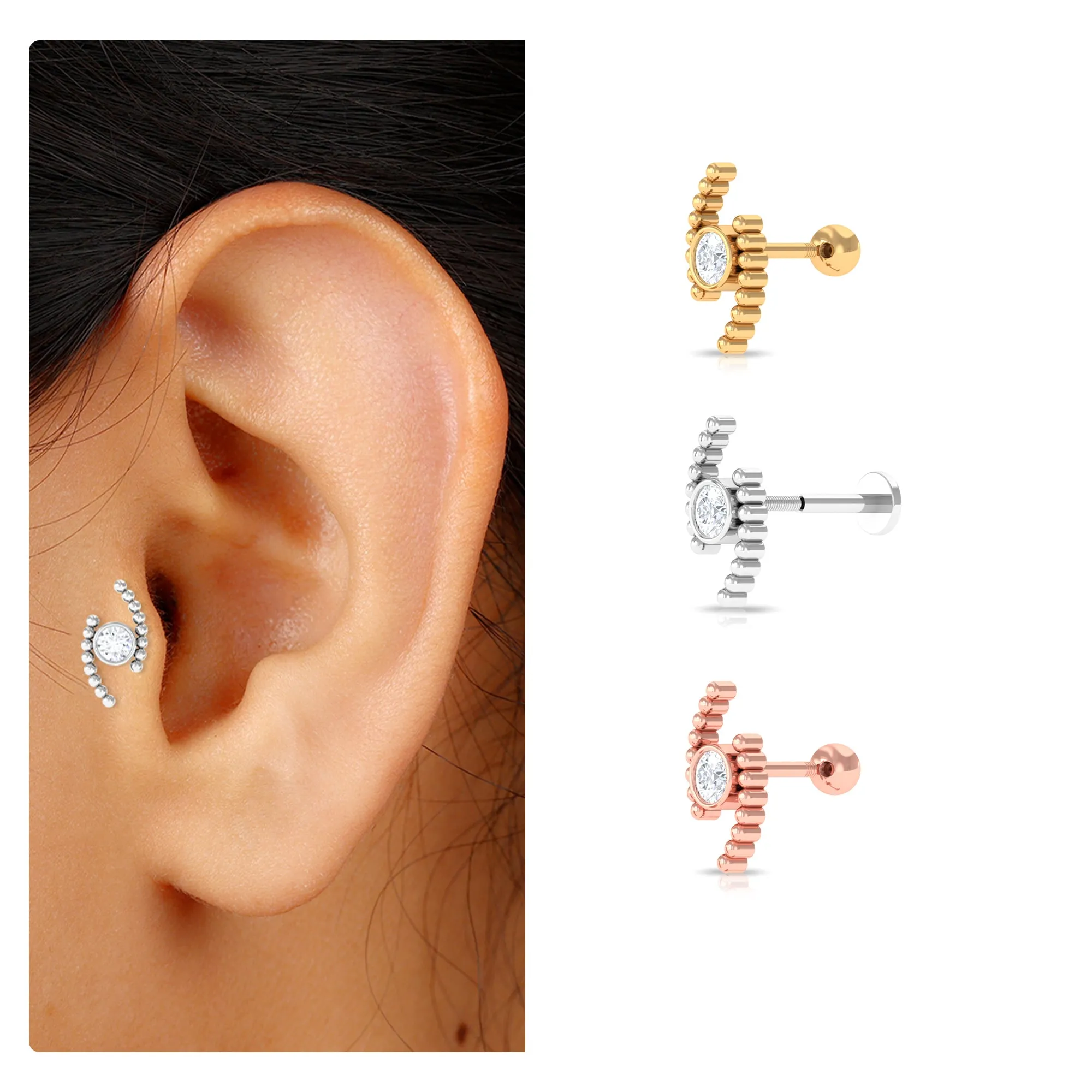 Round Moissanite Cartilage Earring with Gold Beads