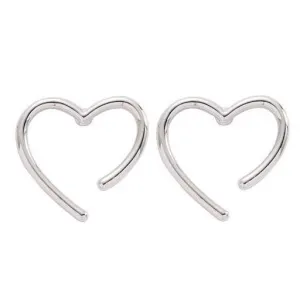 Silver Large Open Heart Invisible Clip On Stud Earrings